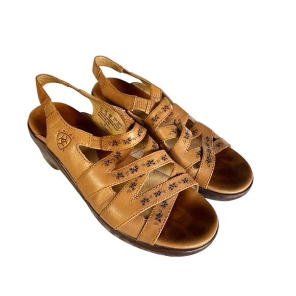 Ariat Women's Sz 8 Floral Slingback Leather Sandals Tan - Picture 1 of 11